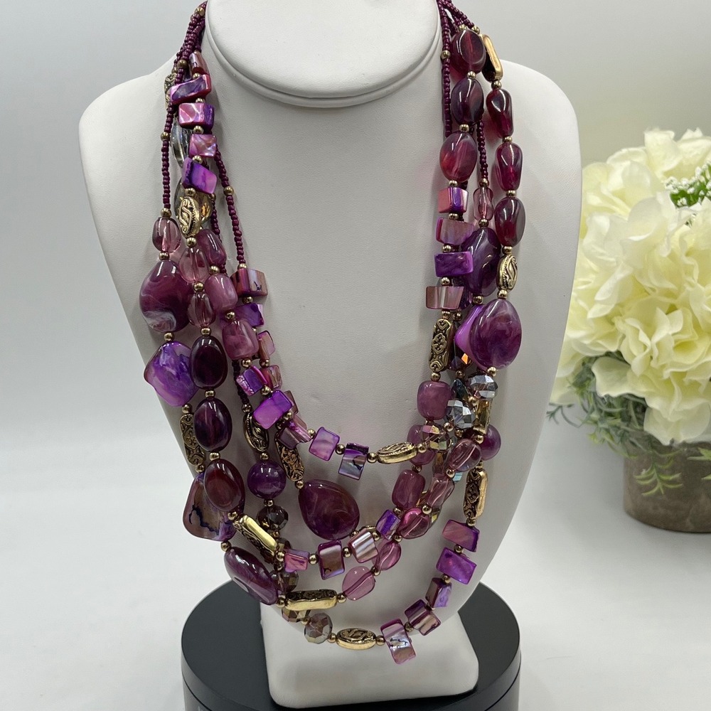 Bocar Multi-Strand Shades of Purple Antiqued Gold-Tone Chunky Statement Necklace